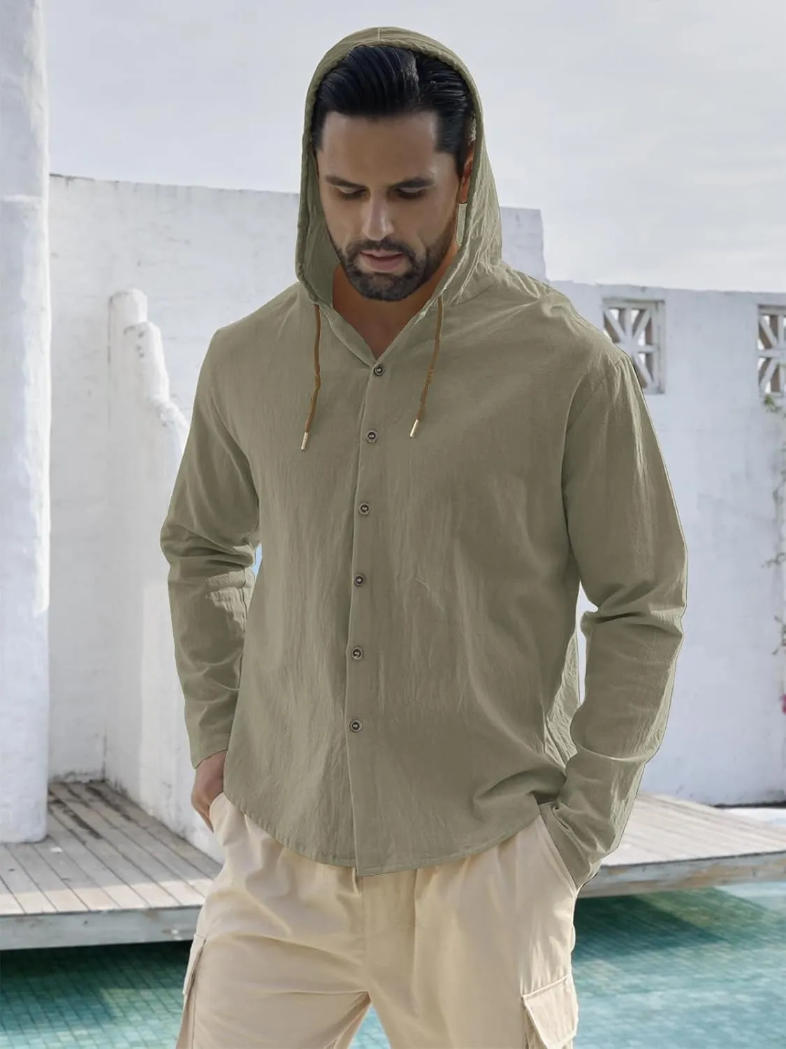 Men Cotton Linen Long Sleeve Button Down Shirt Summer Casual Hawaiian Beach Tops Lightweight Fashion Hoodies