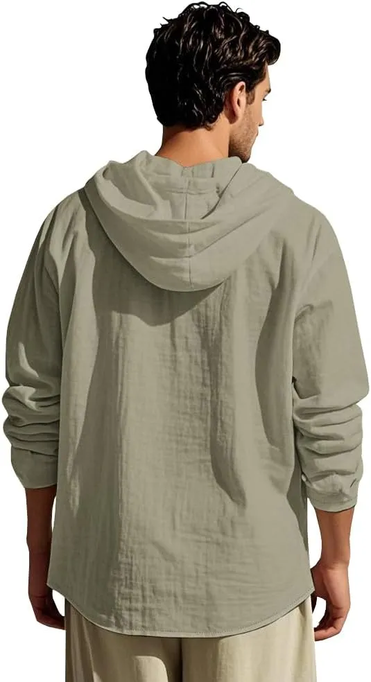 Men Cotton Linen Long Sleeve Button Down Shirt Summer Casual Hawaiian Beach Tops Lightweight Fashion Hoodies