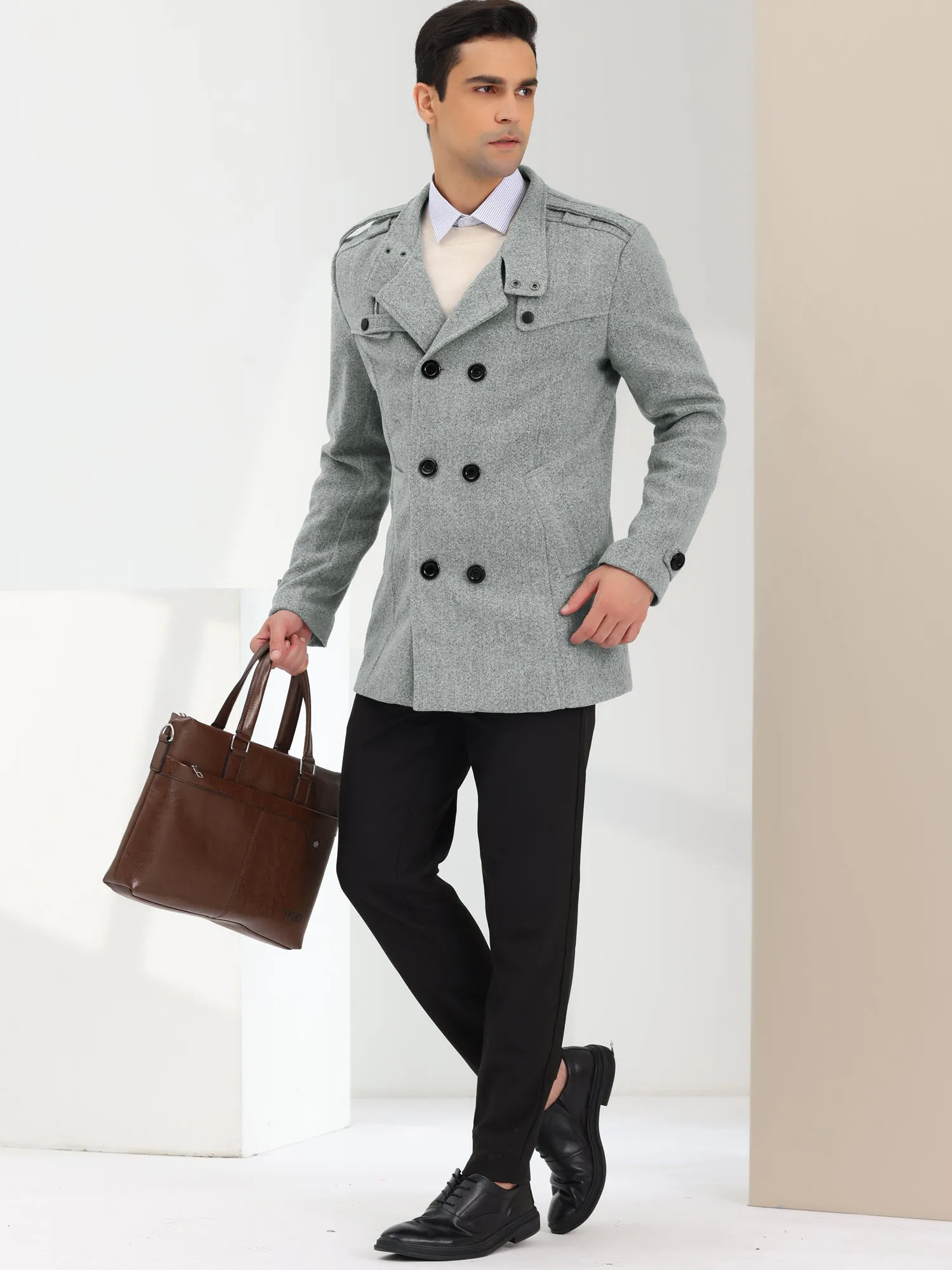 Men's Winter Trench Coat Stand Collar Double Breasted Notch Lapel Pea Coats