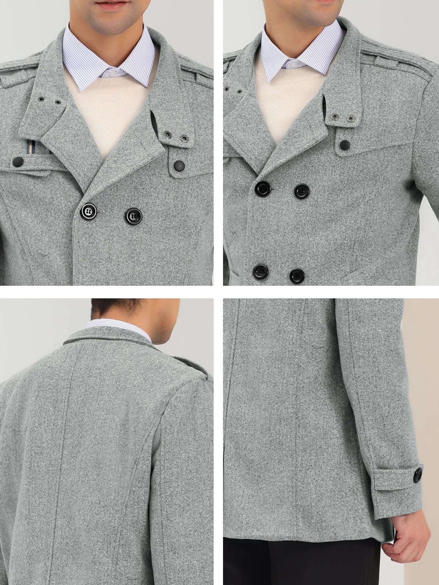 Men's Winter Trench Coat Stand Collar Double Breasted Notch Lapel Pea Coats