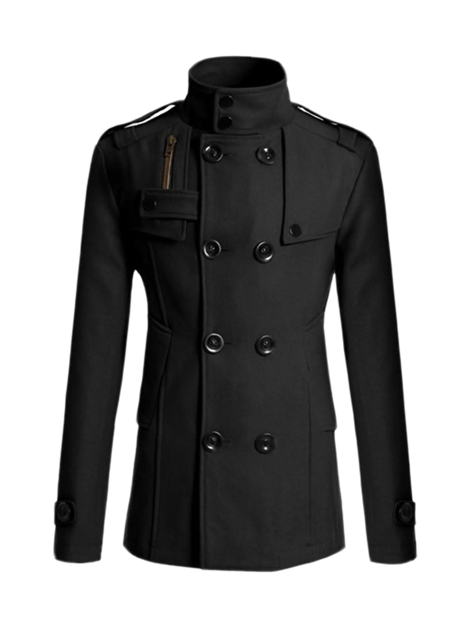 Men's Winter Trench Coat Stand Collar Double Breasted Notch Lapel Pea Coats