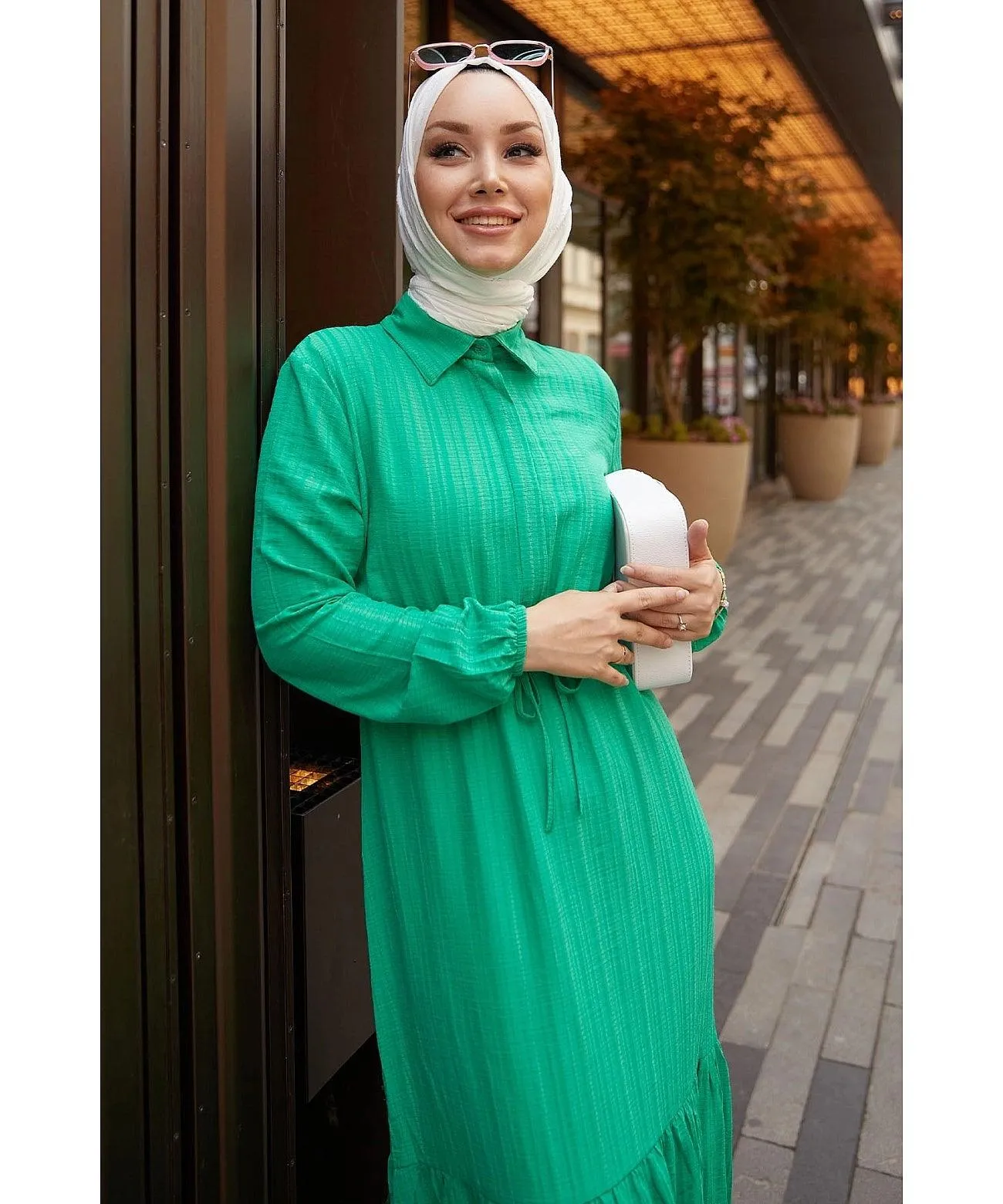 Modest Abaya Dress With Tunnel Belt - Green