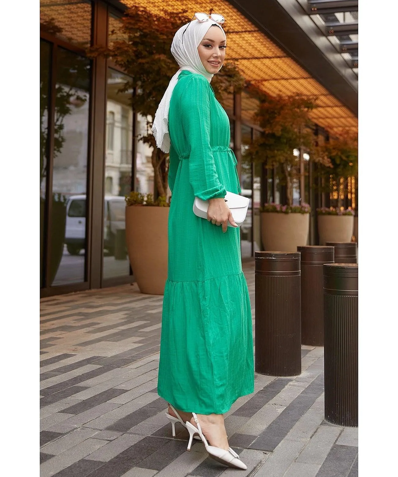 Modest Abaya Dress With Tunnel Belt - Green