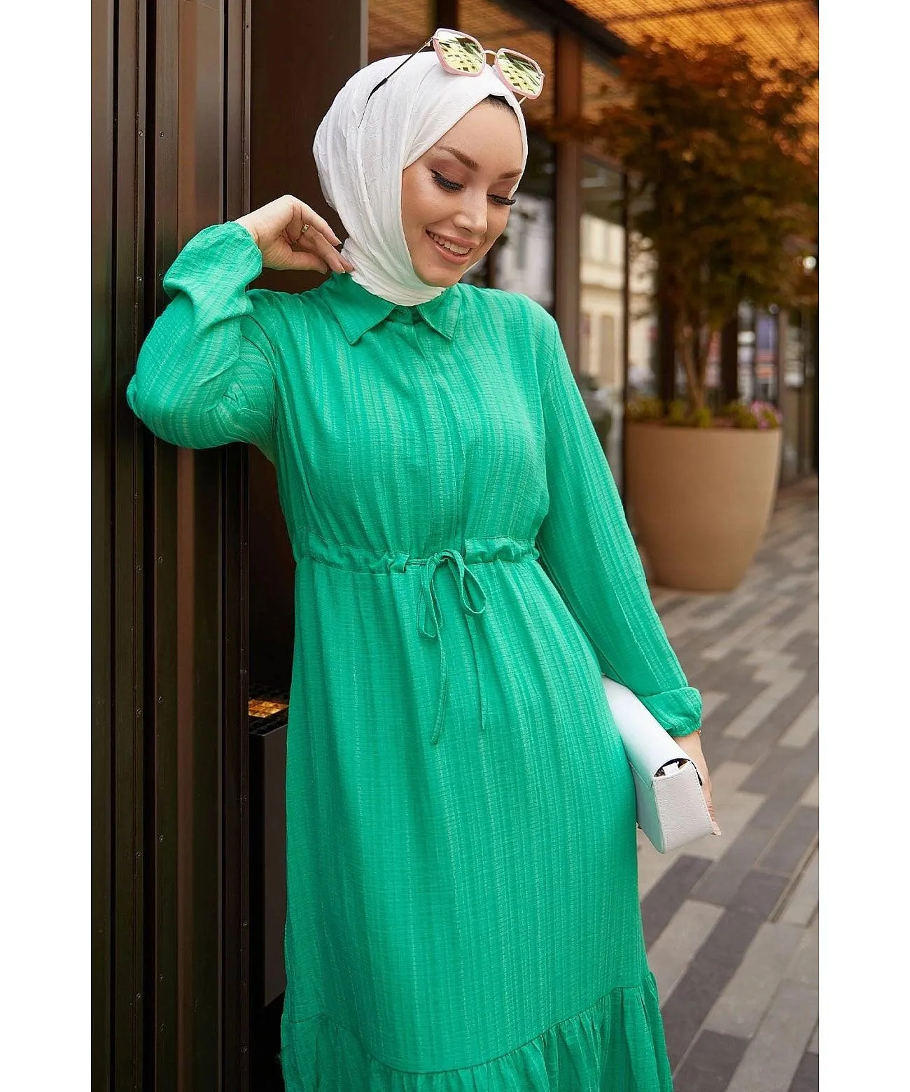 Modest Abaya Dress With Tunnel Belt - Green