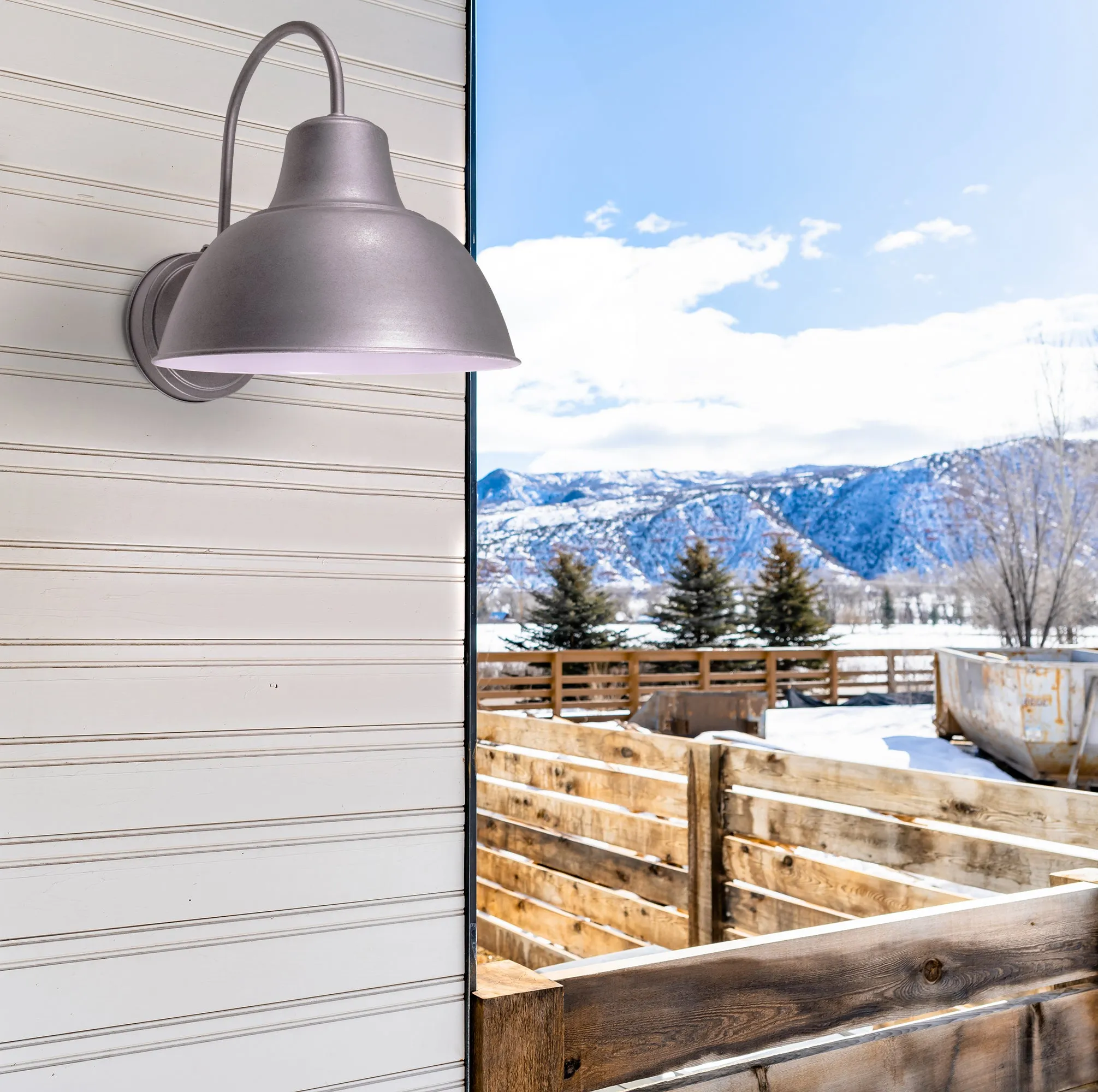 Oakhouse Dusk to Dawn 11.5” Barn or Farmhouse Wall Light, Wet Location, White Reflective Interior, Black, Galvanize or Rustic Bronze Finish Available