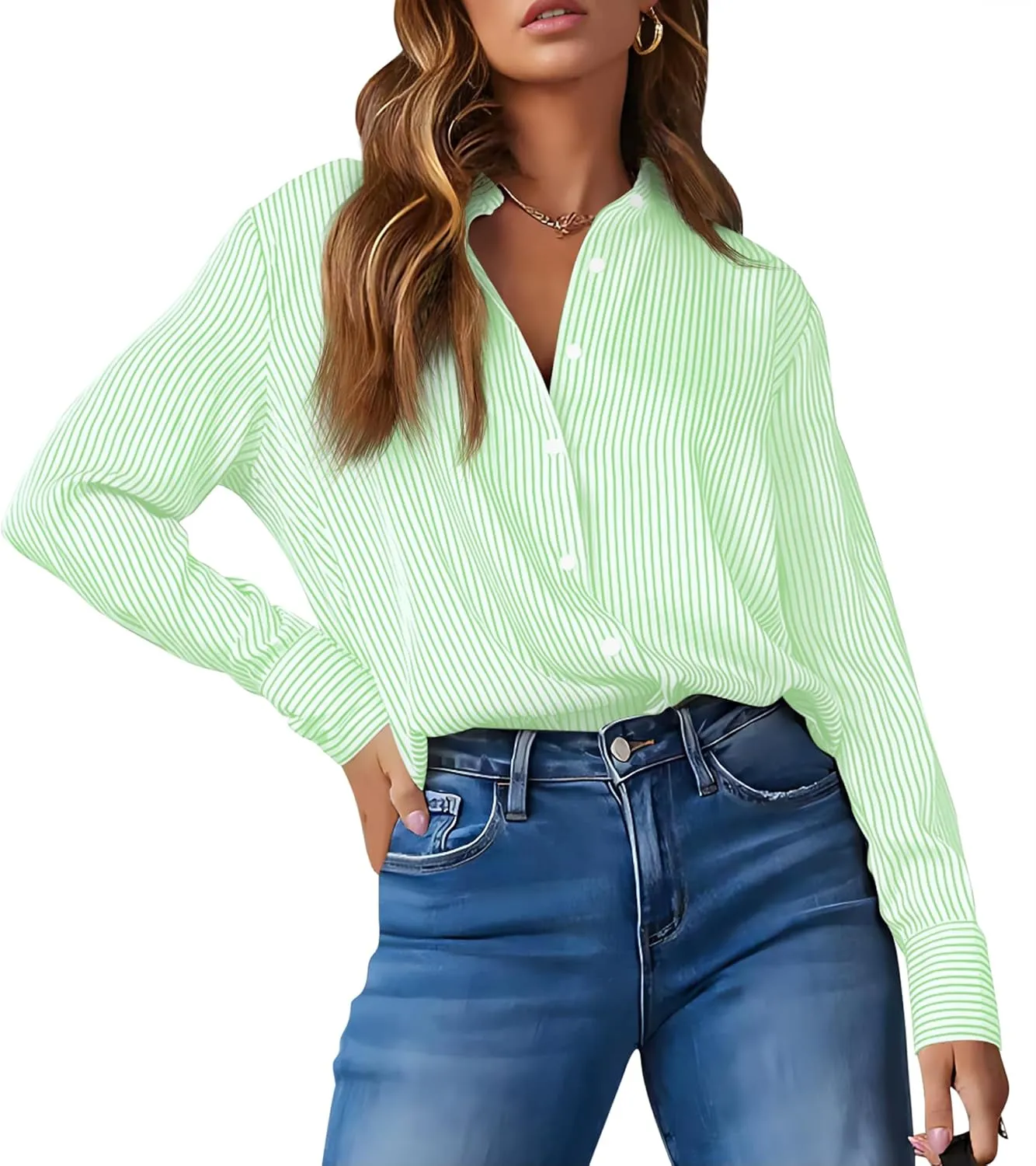 OMSJ Womens Striped Button Down Shirts Casual Long Sleeve Stylish Collared Office Work Blouses Tops
