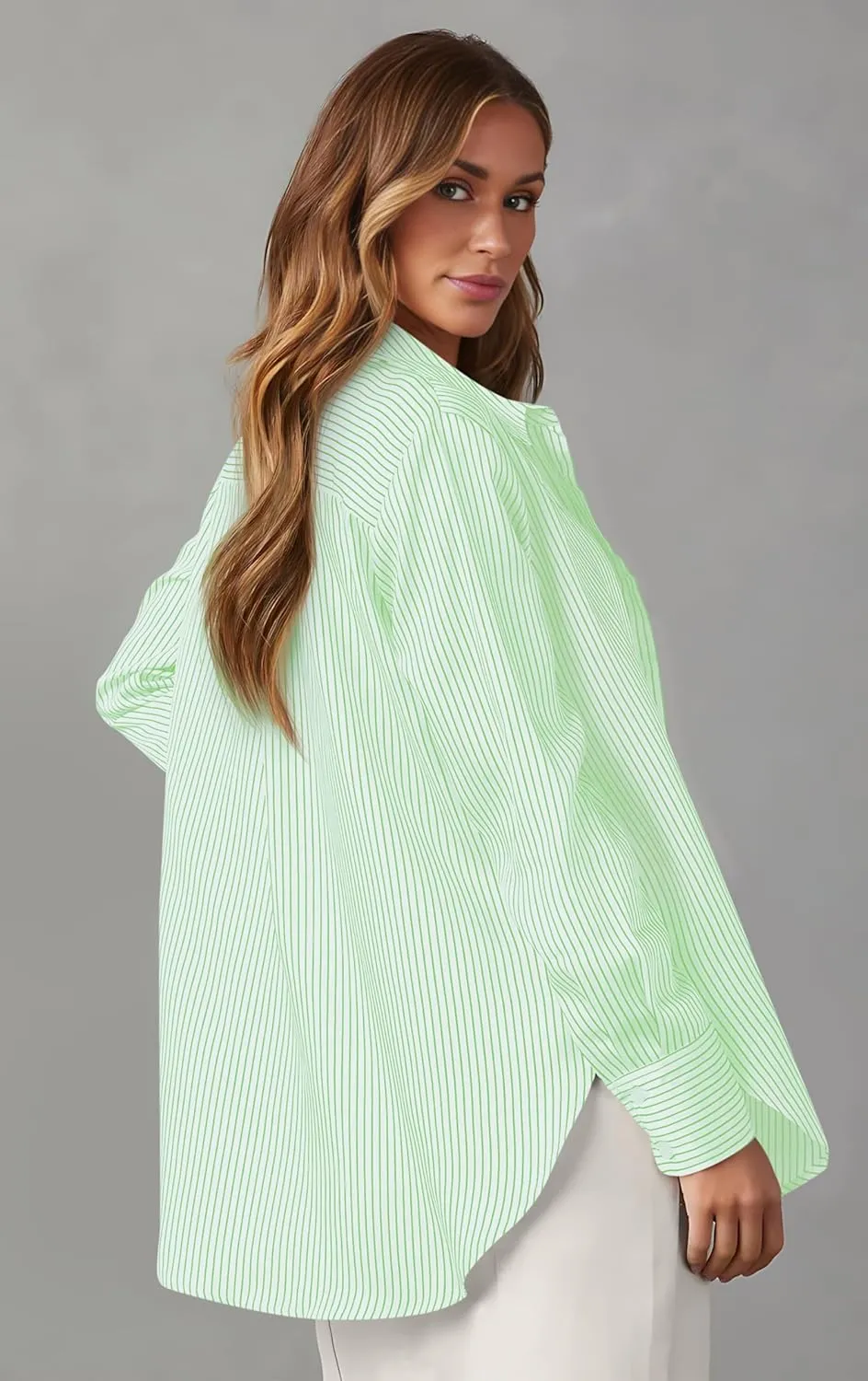 OMSJ Womens Striped Button Down Shirts Casual Long Sleeve Stylish Collared Office Work Blouses Tops
