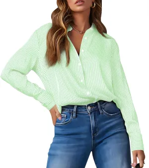 OMSJ Womens Striped Button Down Shirts Casual Long Sleeve Stylish Collared Office Work Blouses Tops