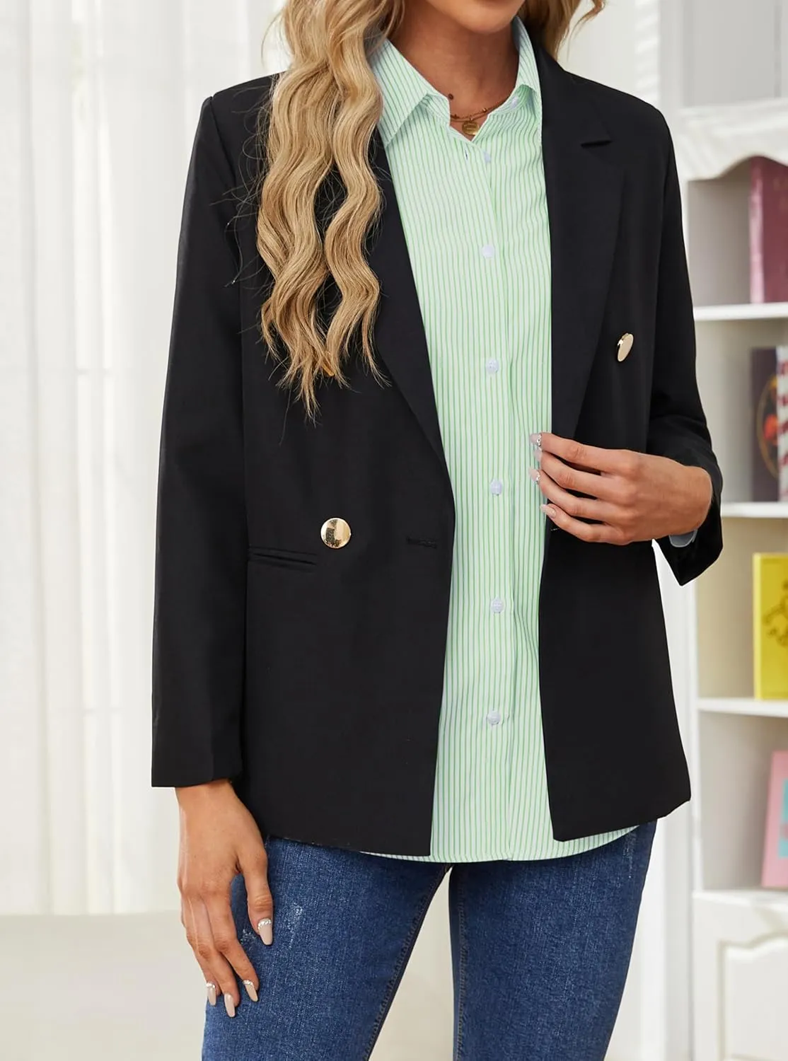 OMSJ Womens Striped Button Down Shirts Casual Long Sleeve Stylish Collared Office Work Blouses Tops
