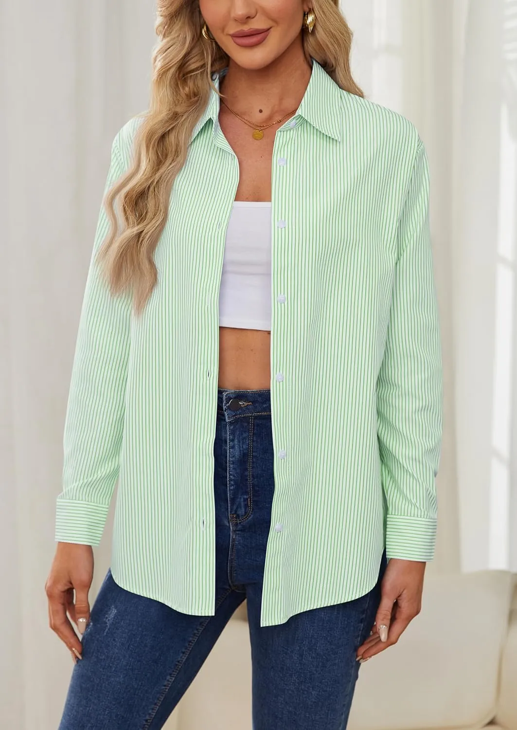 OMSJ Womens Striped Button Down Shirts Casual Long Sleeve Stylish Collared Office Work Blouses Tops