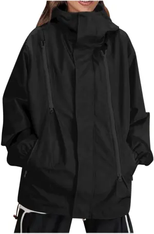 Oversized Waterproof Rain Jacket for Women Full Zip Up Lightweight Rain Coat Outdoor Windbreaker Hooded Coats