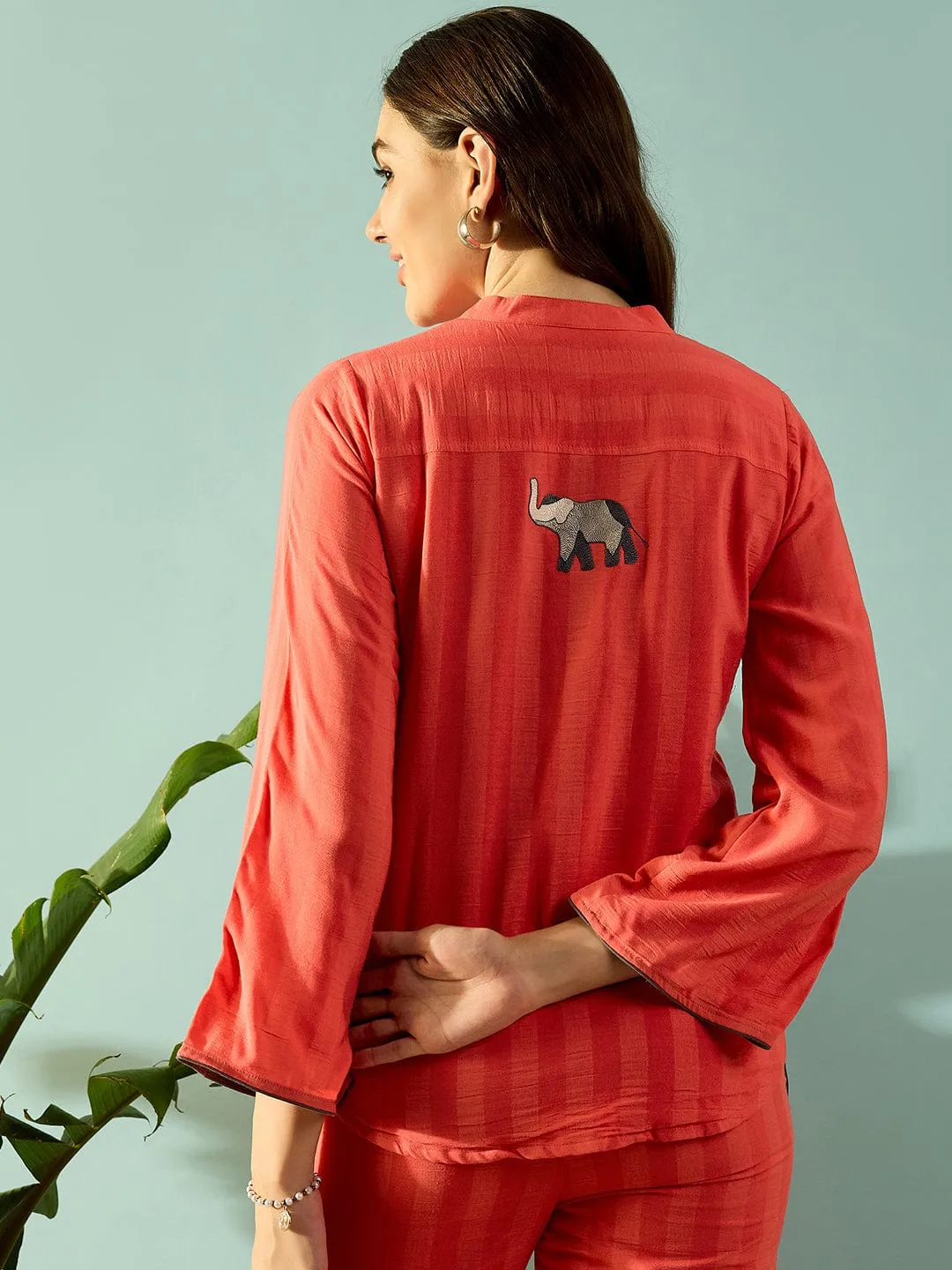 Peach Self Striped Elephant Embroidered Coord Set