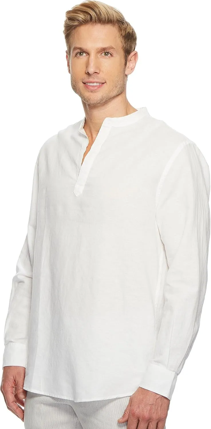 Perry Ellis Men's Long-Sleeve Solid Linen Cotton Popover Shirt