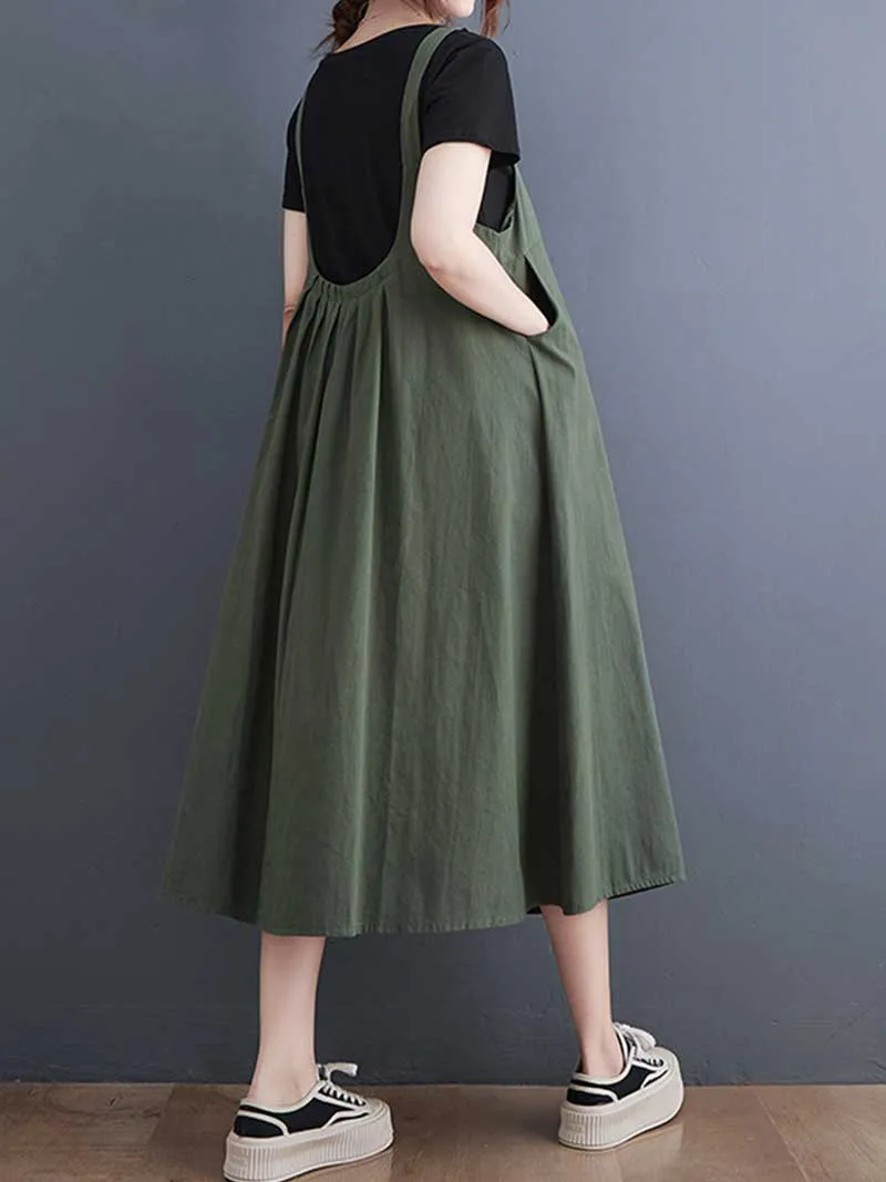 Plain Cotton Round-Neck Salopette Dress