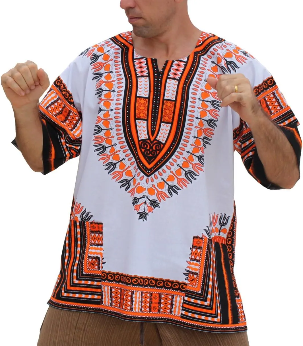 RaanPahMuang Brand Unisex Bright African White Dashiki Cotton Shirt