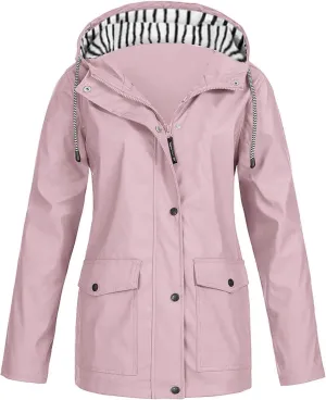 Rain Jacket Women,2024 Trendy Lightweight Zip Up Button Hooded Waterproof Windbreaker For Hiking Outdoor Travel
