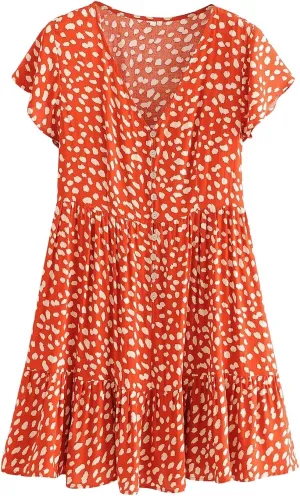 R.Vivimos Women's Short Sleeve Floral Print V Neck Cotton Tunic Dress