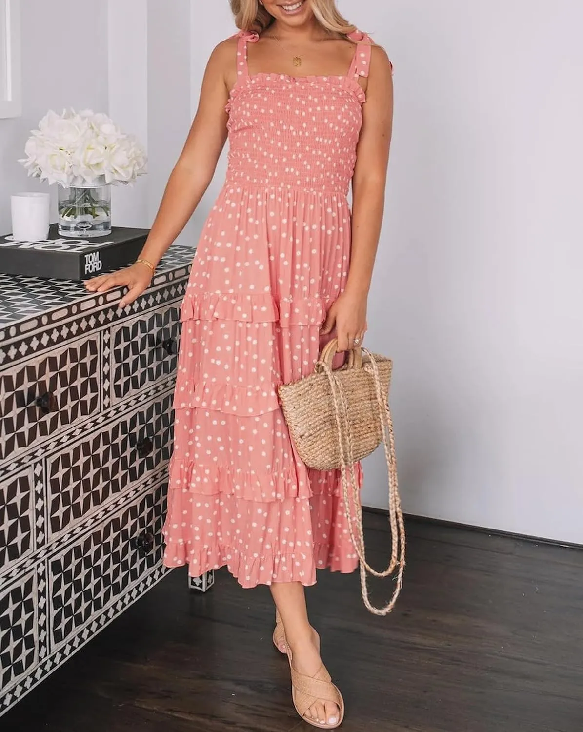 R.Vivimos Women's Summer Straps Cotton Irregular Polka Dot Ruffles Midi Dress
