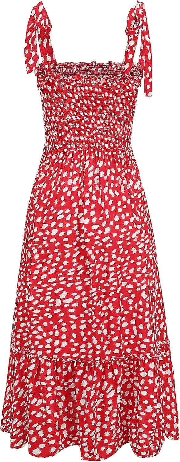 R.Vivimos Women's Summer Straps Cotton Irregular Polka Dot Ruffles Midi Dress