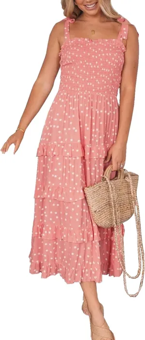 R.Vivimos Women's Summer Straps Cotton Irregular Polka Dot Ruffles Midi Dress