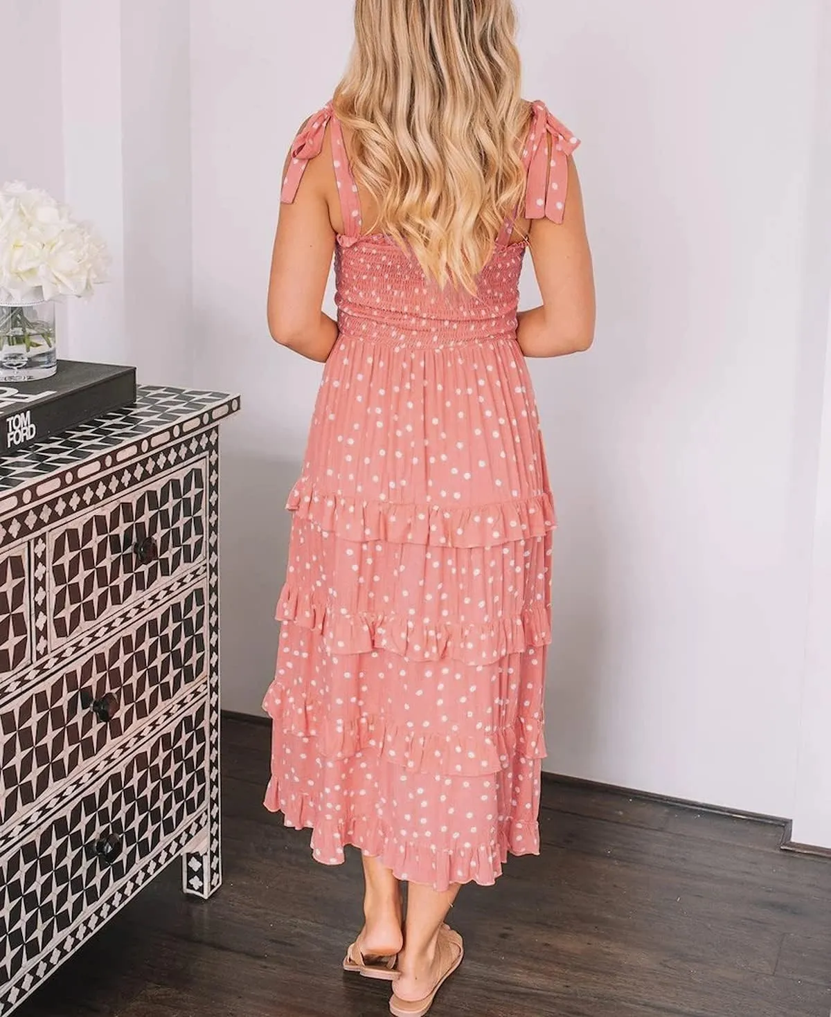 R.Vivimos Women's Summer Straps Cotton Irregular Polka Dot Ruffles Midi Dress