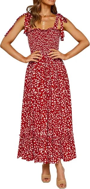 R.Vivimos Women's Summer Straps Cotton Irregular Polka Dot Ruffles Midi Dress