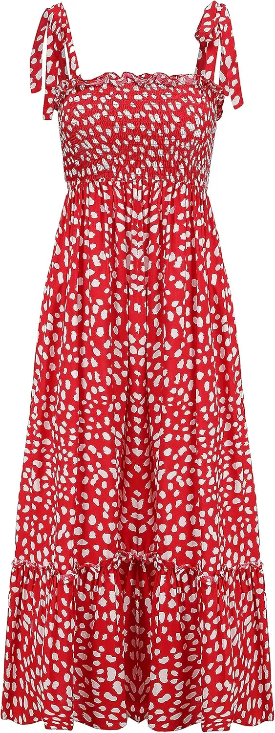 R.Vivimos Women's Summer Straps Cotton Irregular Polka Dot Ruffles Midi Dress