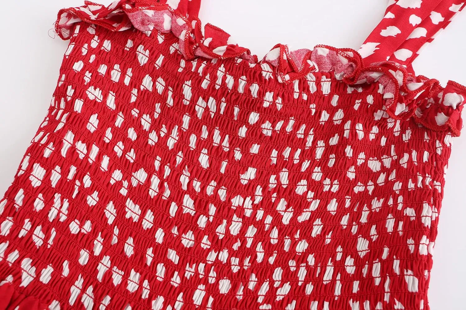 R.Vivimos Women's Summer Straps Cotton Irregular Polka Dot Ruffles Midi Dress