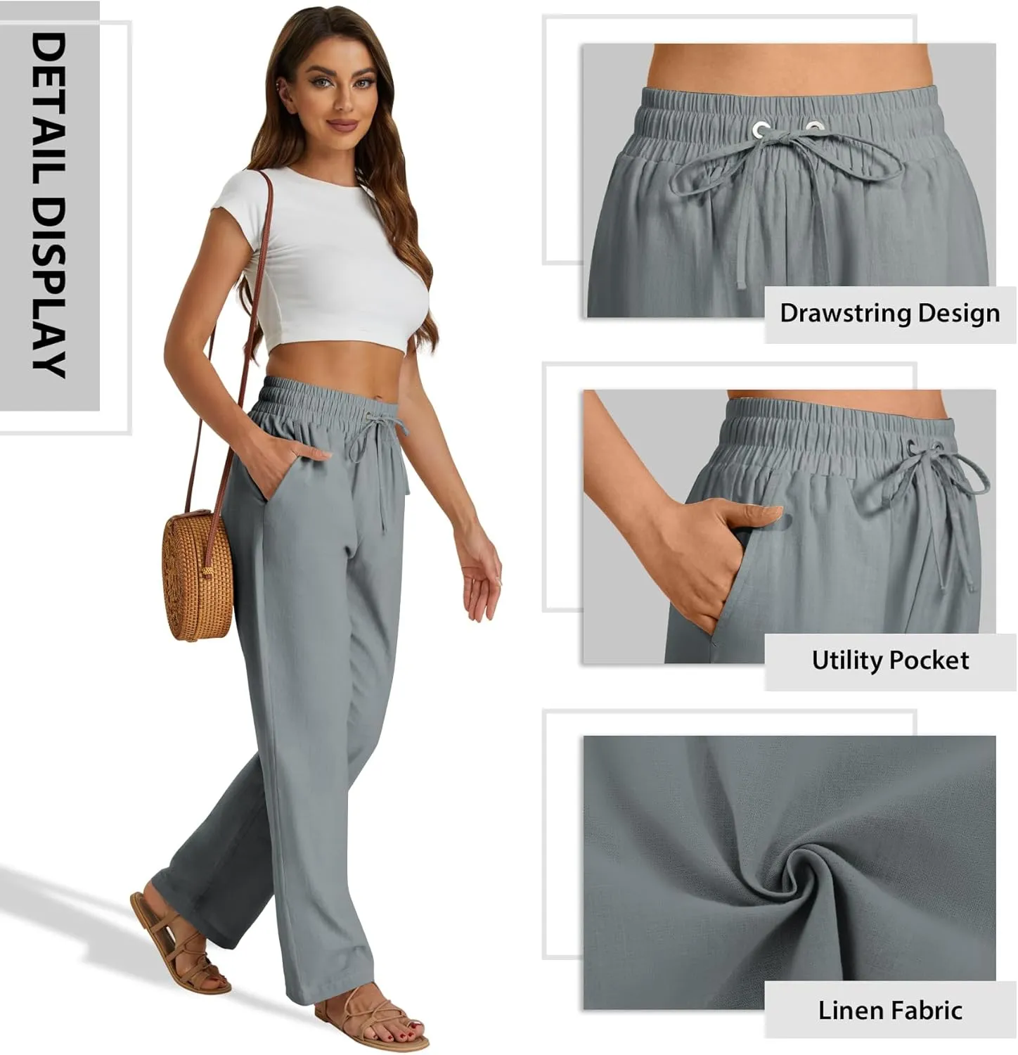 SEMARO Womens Casual Linen High Waist Pants Drawstring Loose Fit Summer Pants Trousers with Side Pockets