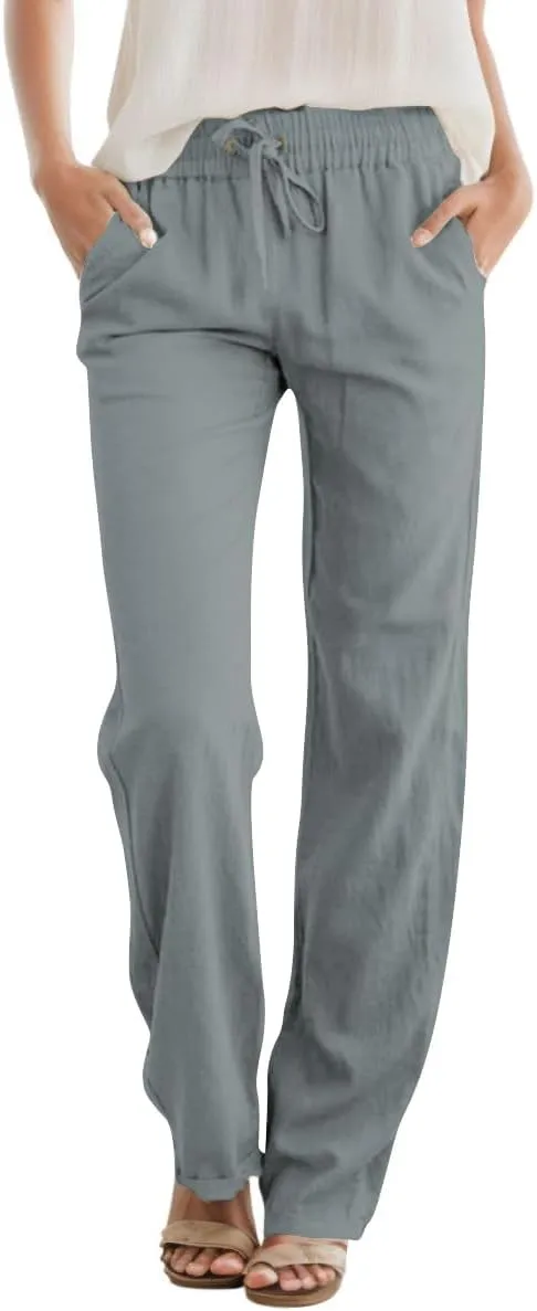 SEMARO Womens Casual Linen High Waist Pants Drawstring Loose Fit Summer Pants Trousers with Side Pockets