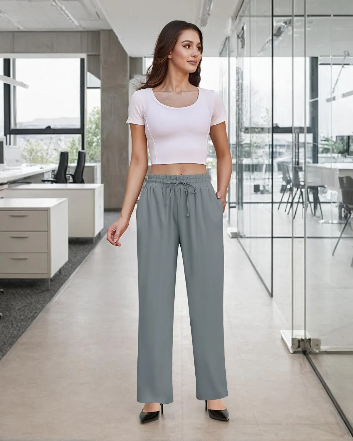 SEMARO Womens Casual Linen High Waist Pants Drawstring Loose Fit Summer Pants Trousers with Side Pockets