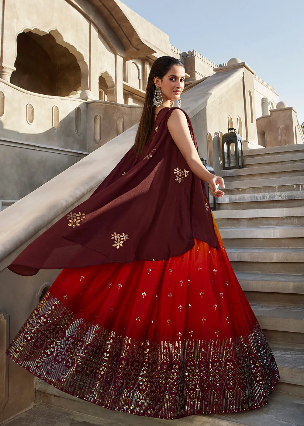 Stunning Orange Wine Embroidered Designer Lehenga Choli