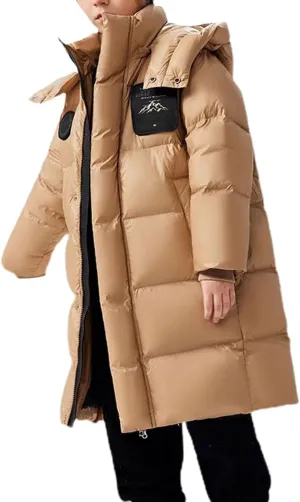ToddlBy Boys Girls Long Hooded Down Winter Coat Kids Puffer Down Jacket Parka Padded Jacket Thick (Khaki, 8-9 Years) k157