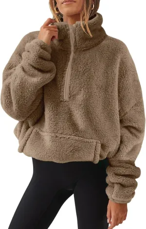 Uillui Womens Half Zip Sherpa Oversized Pullover Fuzzy Fleece Sweatshirt Jacket Fluffy Sweater Lapel Outerwear with Pockets