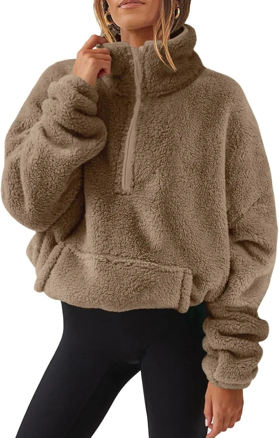 Uillui Womens Half Zip Sherpa Oversized Pullover Fuzzy Fleece Sweatshirt Jacket Fluffy Sweater Lapel Outerwear with Pockets