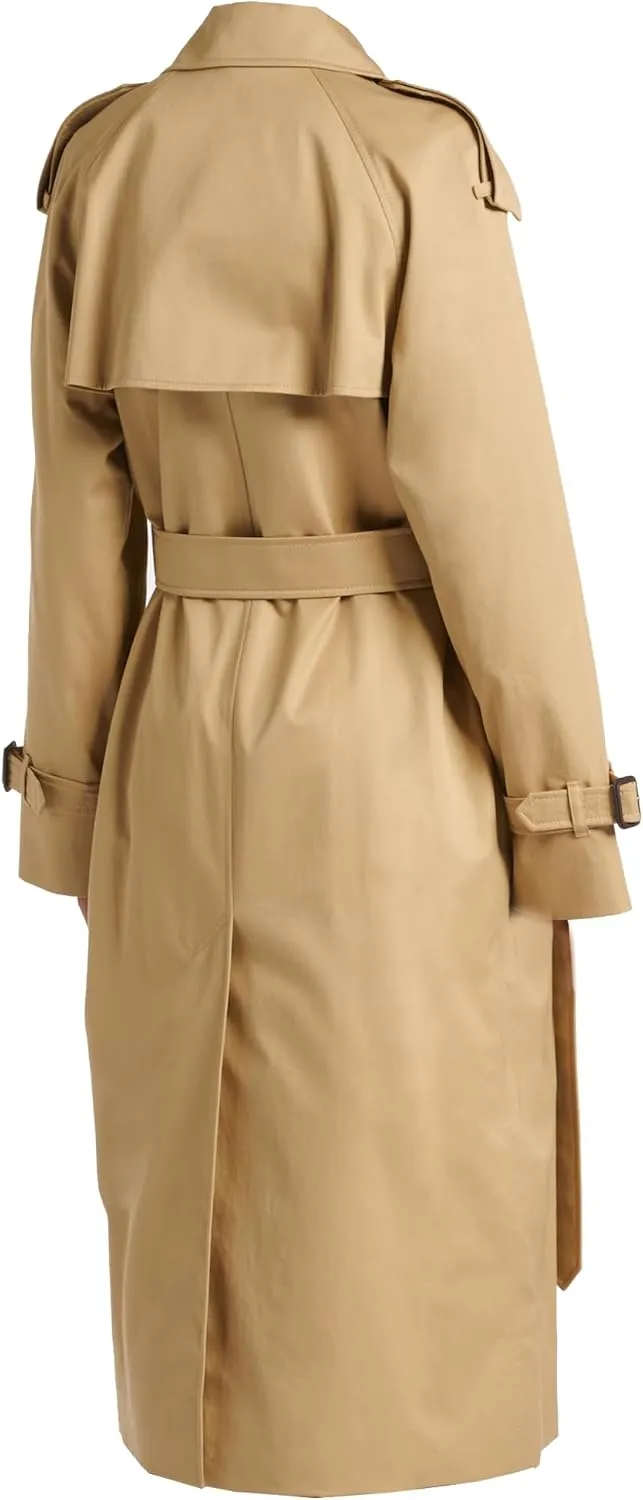 VearFit Traditional Beige Double-Breasted Twill Cotton Trench Coat - Women Classic Long Overcoat Raincoat