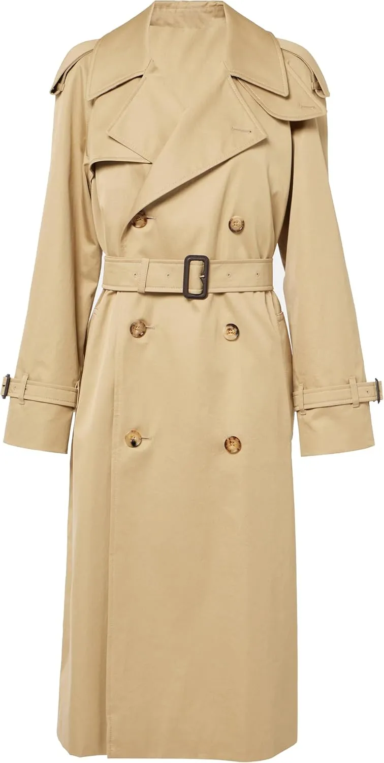 VearFit Traditional Beige Double-Breasted Twill Cotton Trench Coat - Women Classic Long Overcoat Raincoat