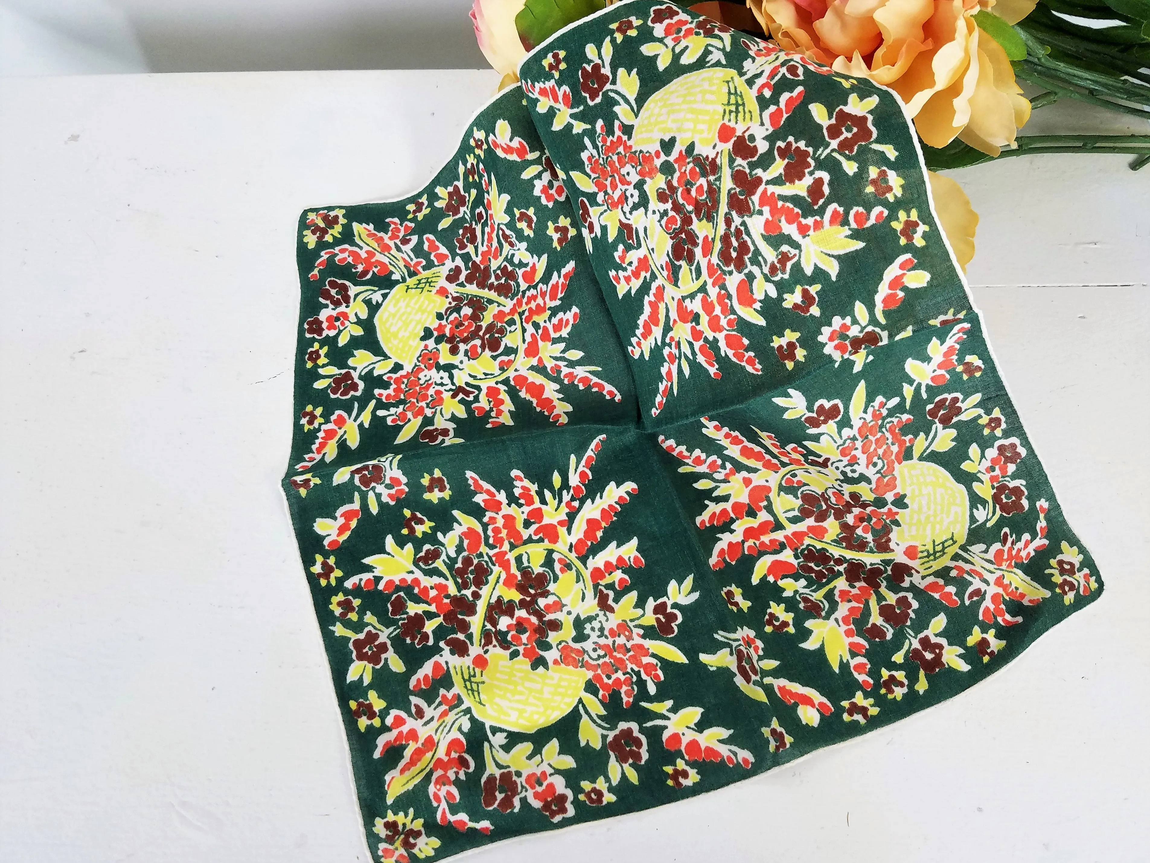 Vintage Basket With Autumn Foliage And Colors Hanky