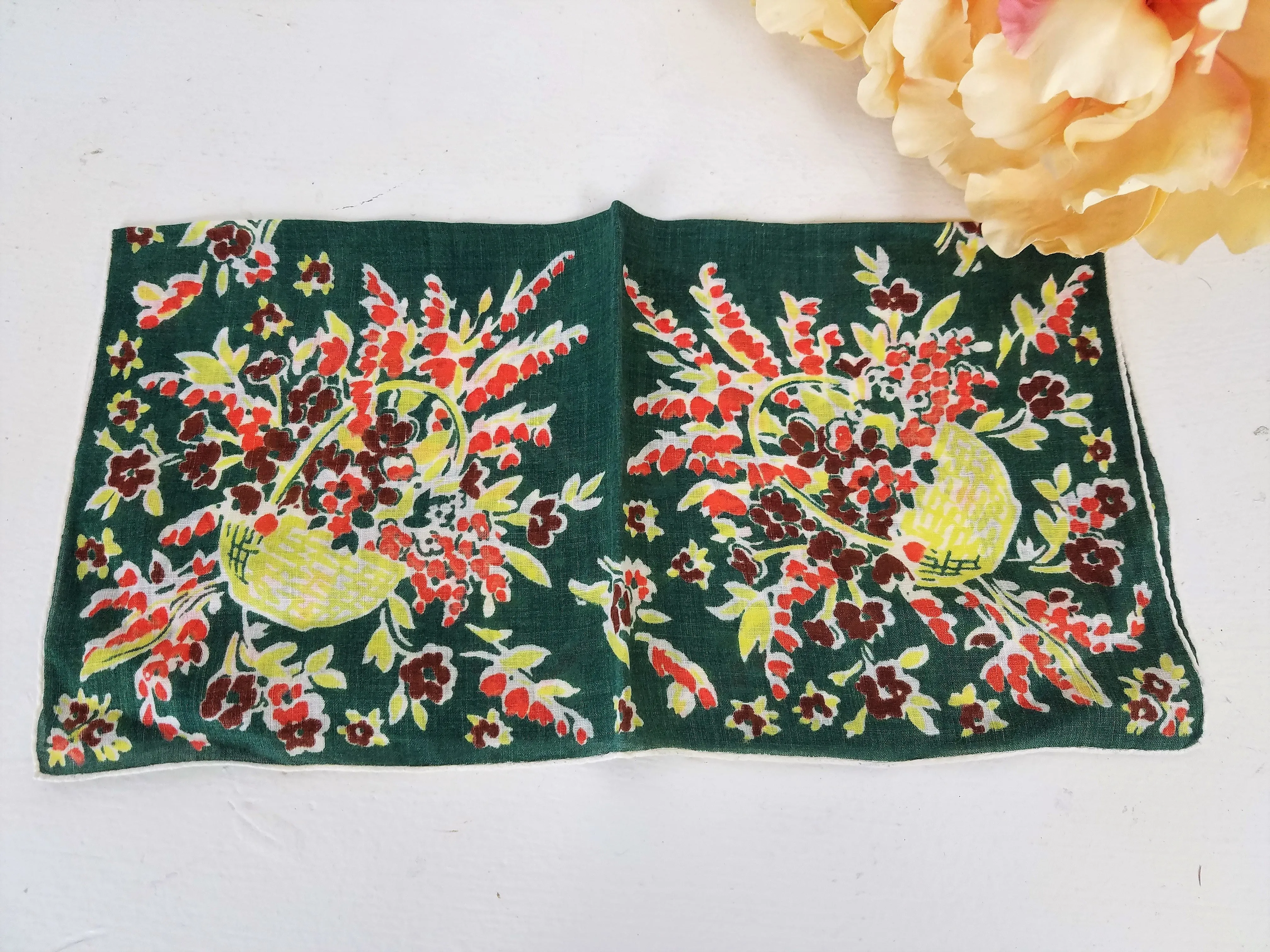 Vintage Basket With Autumn Foliage And Colors Hanky