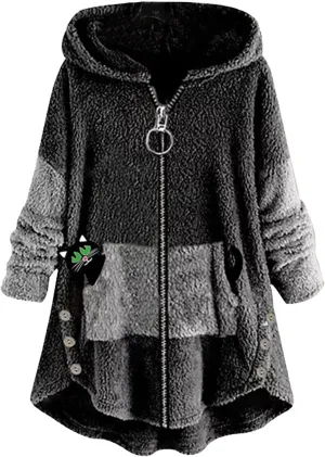 Winter Coats for Women 2023 Fashion Cat Print Sherpa Jacket Fleece Zip Jacket Fuzzy Warm Hoodie Color Block Outwear Black