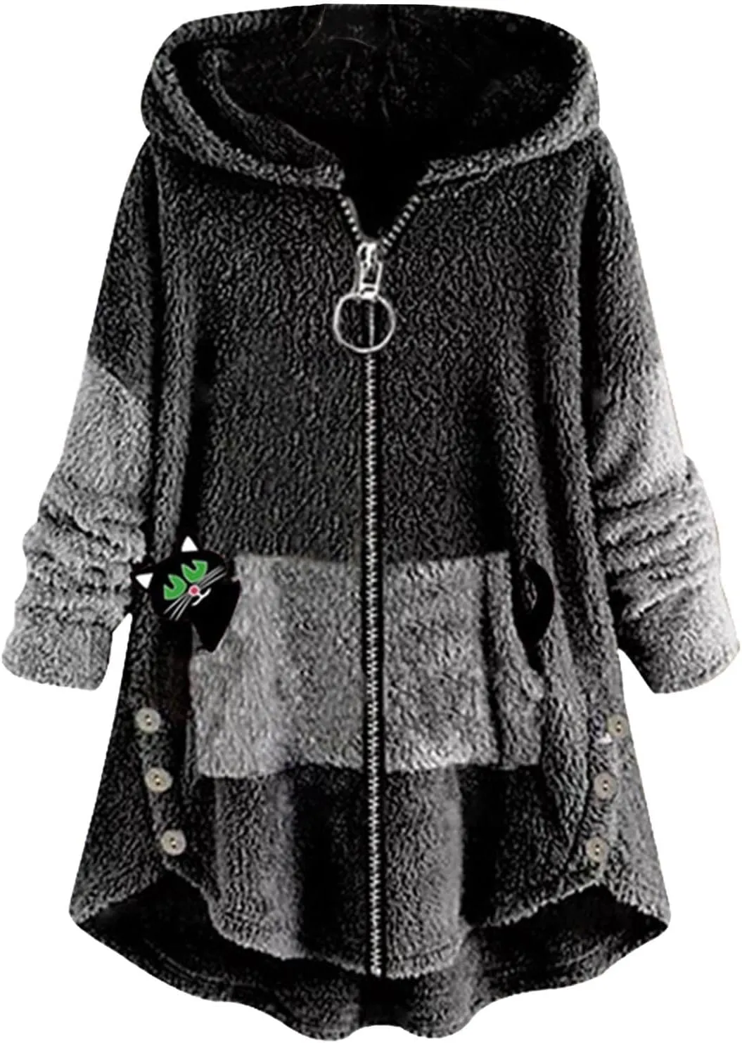 Winter Coats for Women 2023 Fashion Cat Print Sherpa Jacket Fleece Zip Jacket Fuzzy Warm Hoodie Color Block Outwear Black