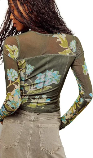 Women's Double-Layer Floral Print Mesh Tops Long Sleeve Sheer Blouse Slim Fit T-Shirts