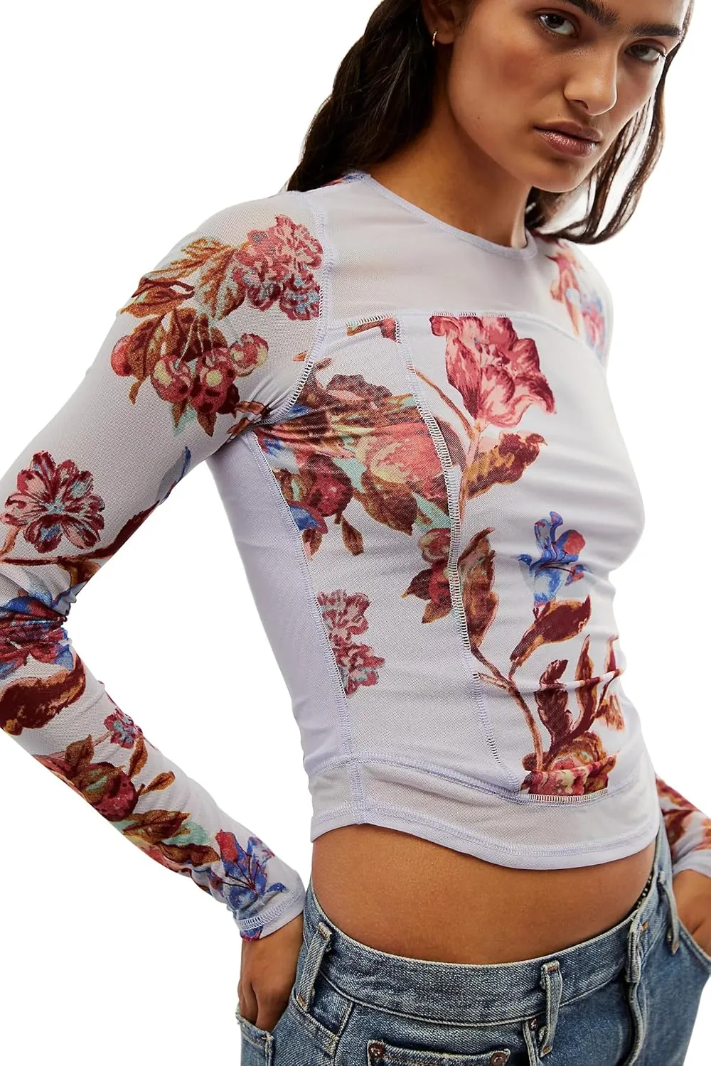 Women's Double-Layer Floral Print Mesh Tops Long Sleeve Sheer Blouse Slim Fit T-Shirts