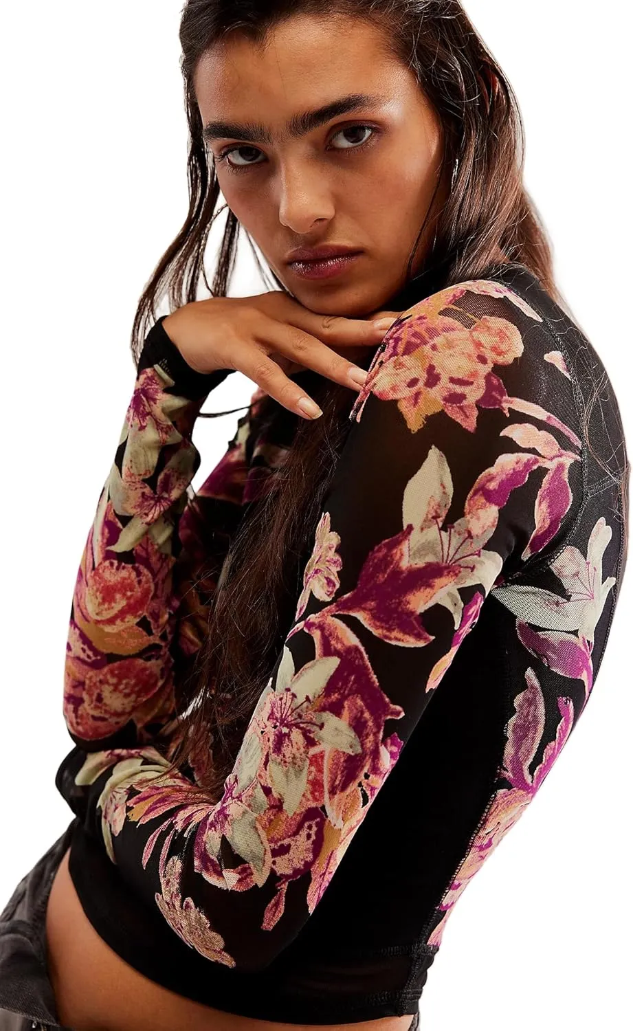Women's Double-Layer Floral Print Mesh Tops Long Sleeve Sheer Blouse Slim Fit T-Shirts