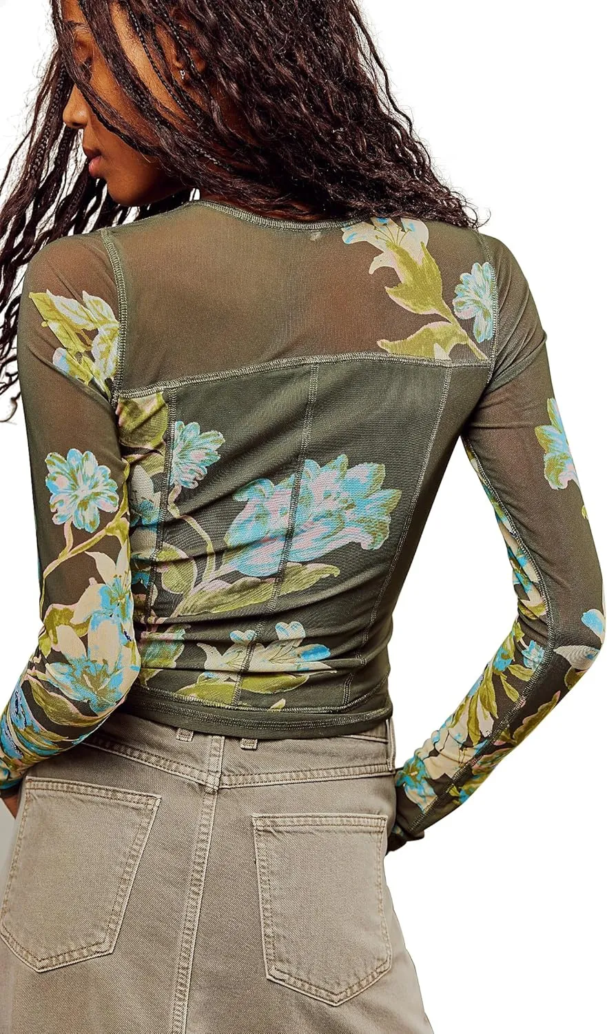 Women's Double-Layer Floral Print Mesh Tops Long Sleeve Sheer Blouse Slim Fit T-Shirts