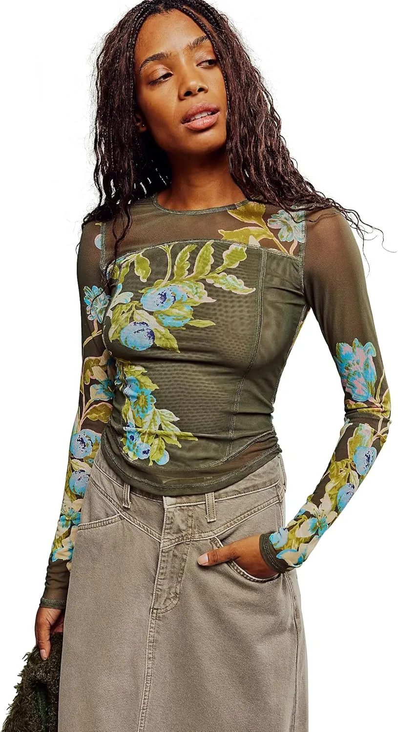 Women's Double-Layer Floral Print Mesh Tops Long Sleeve Sheer Blouse Slim Fit T-Shirts