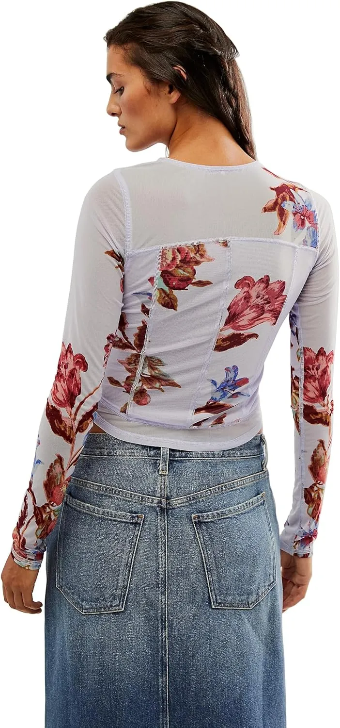 Women's Double-Layer Floral Print Mesh Tops Long Sleeve Sheer Blouse Slim Fit T-Shirts