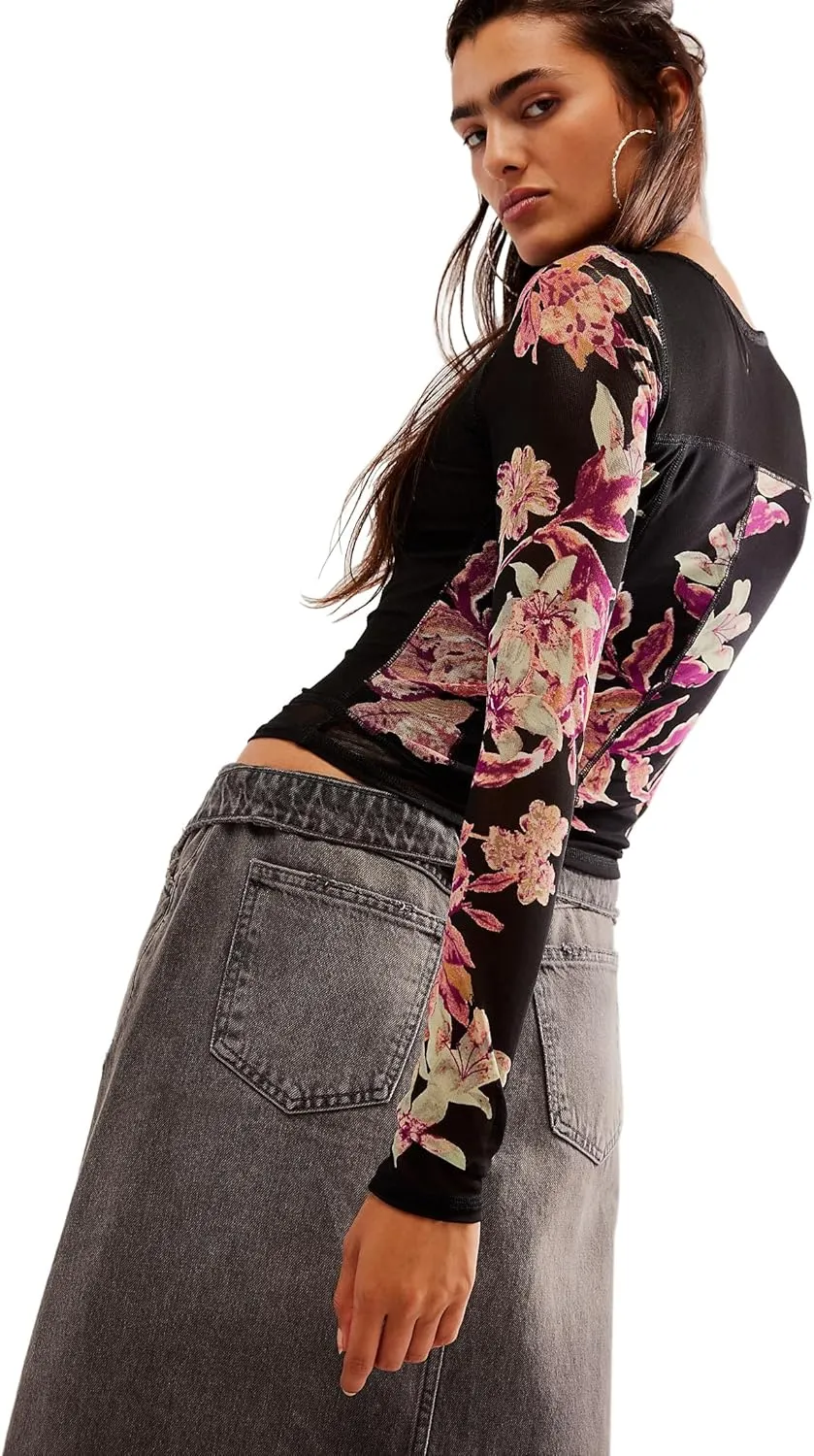 Women's Double-Layer Floral Print Mesh Tops Long Sleeve Sheer Blouse Slim Fit T-Shirts