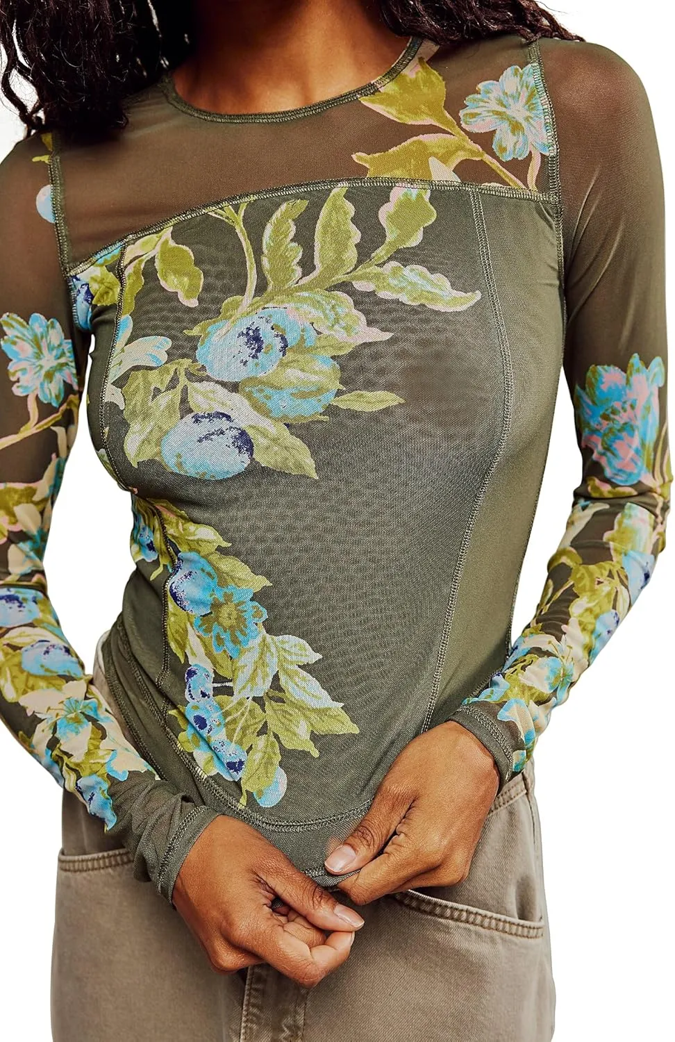 Women's Double-Layer Floral Print Mesh Tops Long Sleeve Sheer Blouse Slim Fit T-Shirts