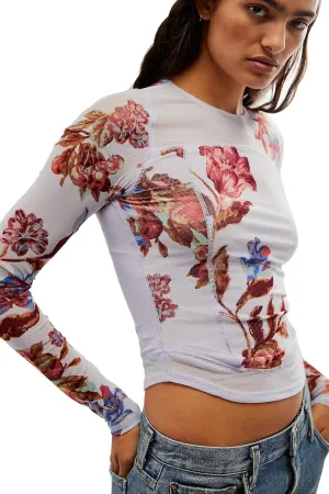 Women's Double-Layer Floral Print Mesh Tops Long Sleeve Sheer Blouse Slim Fit T-Shirts